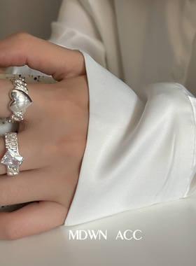 韩版S925镀银甜美爱心字母戒指女复古时尚重工链条开口指环食指戒