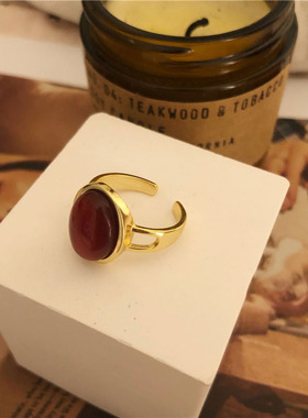 法式高级感红色椭圆复古戒指女925镀银韩版ins网红气质开口食指戒