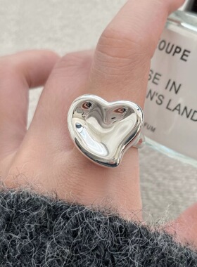 简约爱心戒指女时尚百搭个性创意重工圆形开口指环几何凹面食指戒
