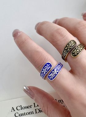 烤蓝色青花瓷花朵戒指女新中式民族风复古百搭开口指环小众食指戒