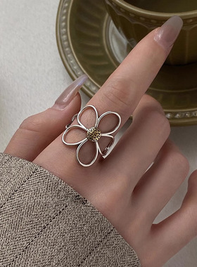 复古夸张镂空花朵戒指女个性时尚嘻哈S925镀银开口指环ins食指戒