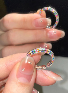 网红彩虹戒指女韩版时尚个性几何网格S925镀银开口指环设计感食指
