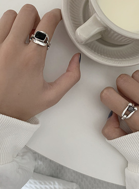 复古几何长方形戒指女欧美嘻哈链条扣指环韩版S925镀银网红食指戒