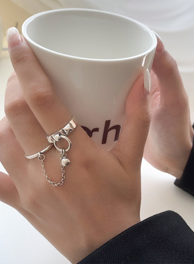 韩版S925镀银双指一体式戒指女复古时尚链条流苏圆球开口食指环潮