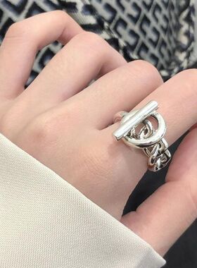 个性OT扣链条戒指女复古时尚设计小众S925镀银开口指环线条食指戒