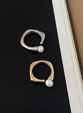 简约珍珠戒指女时尚百搭个性叠戴S925镀银开口指环几何方形食指戒