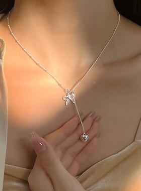 甜美蝴蝶结项链女简约气质叠戴爱心S925镀银锁骨链网红毛衣颈链潮