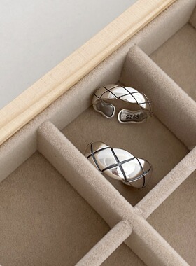 个性复古网格戒指女做旧时尚叠戴甜酷开口指环几何时尚嘻哈食指戒