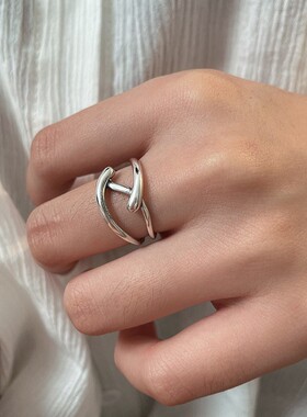 韩版S925镀银几何戒指女复古个性创意嘻哈街头开口指环小众食指戒