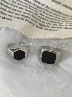 韩版S925镀银黑色几何六边形戒指女复古个性开口指环嘻哈食指戒潮