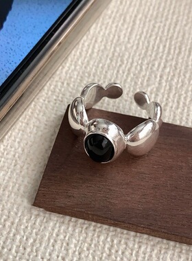 黑色椭圆锆石戒指女几何不规则时尚个性百搭S925镀银开口食指环潮