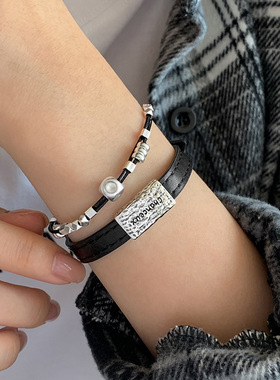 黑色皮带圈手镯女甜酷叠戴字母方块双层S925银手环手链ins手饰潮