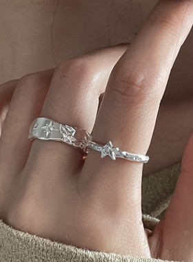 甜酷星星戒指女几何不规则肌理浮雕精致S925镀银开口指环食指戒潮