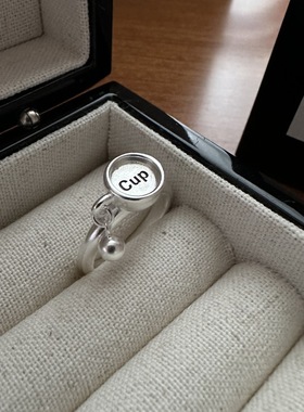 咖啡杯造型戒指女简约字母小圆珠吊坠开口指环个性创意网红食指戒