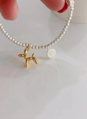 时尚可爱气球小狗手链女简约百搭ins风小众设计S925银圆珠手饰潮