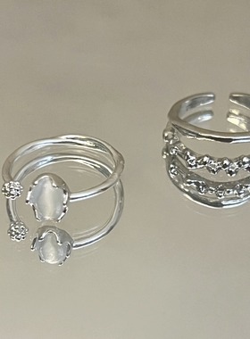 精致月光石素圈戒指女轻奢叠戴S925银开口指环时尚甜酷风食指戒潮