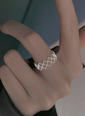 简约线条网格戒指女冷淡风气质个性S925镀银开口指环网红食指戒潮