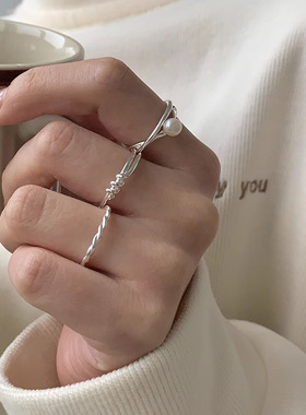 简约叠戴素圈戒指女个性时尚百搭气质链条S925银开口指环食指戒潮