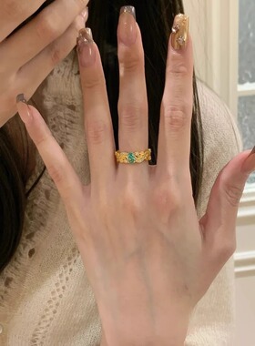 轻奢绿色点缀戒指女法式精致优雅个性宫廷风开口指环ins风食指戒
