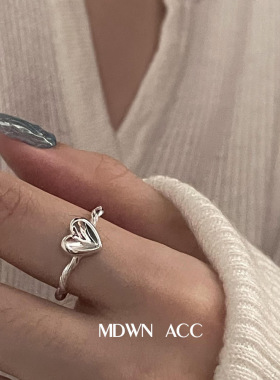 麻花小爱心戒指女百搭时尚个性叠戴S925银开口指环ins小众食指戒