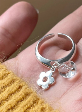 白透花朵吊坠戒指女甜酷时尚个性百搭S925镀银开口指环网红食指戒