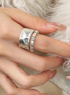 磨砂哑光宽边戒指女流苏链条米粒珠子S925镀银开口指环网红食指戒