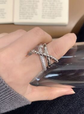 复古重工线条交叉戒指女简约冷淡风设计感精致开口指环网红食指戒