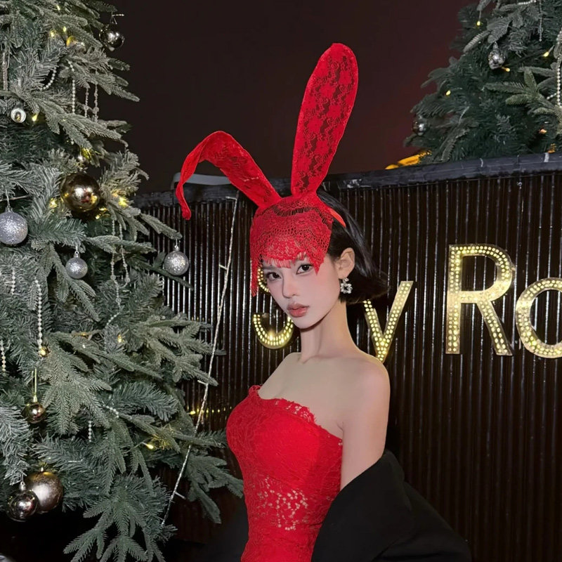 红色蕾丝兔耳朵发箍面纱遮脸性感头箍女高级感洋气时尚兔女郎头饰,淘宝优惠券,粉丝福利购,淘宝优惠卷