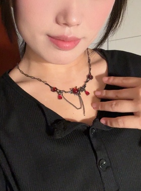 哥特风红色锆石流苏项链亚比配饰