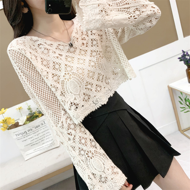 ເສື້ອເຊີດ lace hollow blouse ບາງໆສໍາລັບແມ່ຍິງ