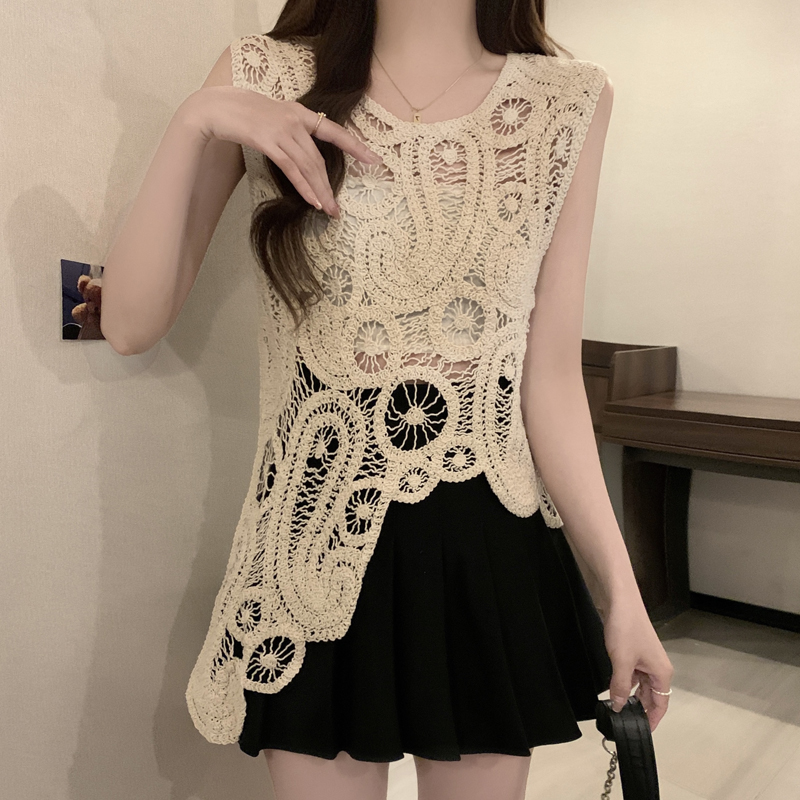 设计感镂空纯色钩花叠穿小背心女装夏法式吊带小个子无袖马甲上衣 - 图0
