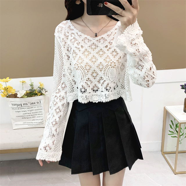 ເສື້ອເຊີດ lace hollow blouse ບາງໆສໍາລັບແມ່ຍິງ