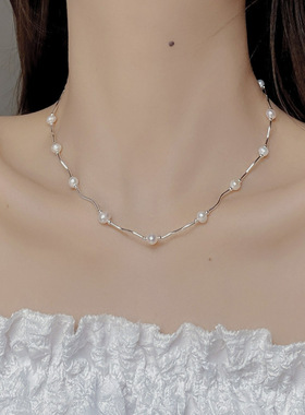 S925纯银小众串珠项链弯管波浪形