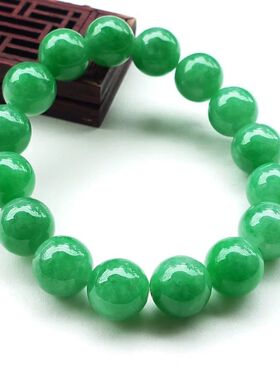 缅甸翡翠满绿大圆珠手链 花青佛珠 男女款辣绿翡翠手串
