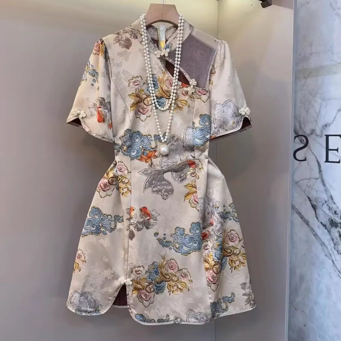 大码胖妹妹国风复古改良版旗袍裙2025夏季新款提花设计感显瘦裙子 - 图3