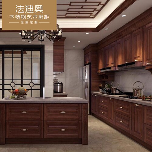 法迪奥全不锈钢橱柜定制整体石英石台面厨柜美式欧式厨房岛台装修 - 图1