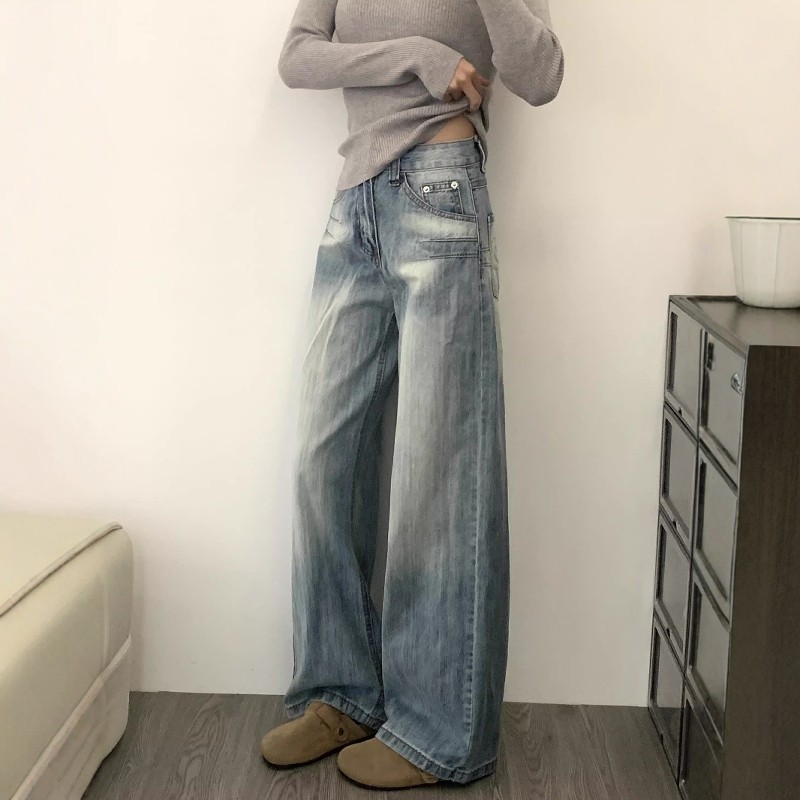 设计感刺绣宽松直筒牛仔裤女秋冬新款美式复古水洗浅蓝色垂感裤子,淘宝优惠券,粉丝福利购,淘宝优惠卷