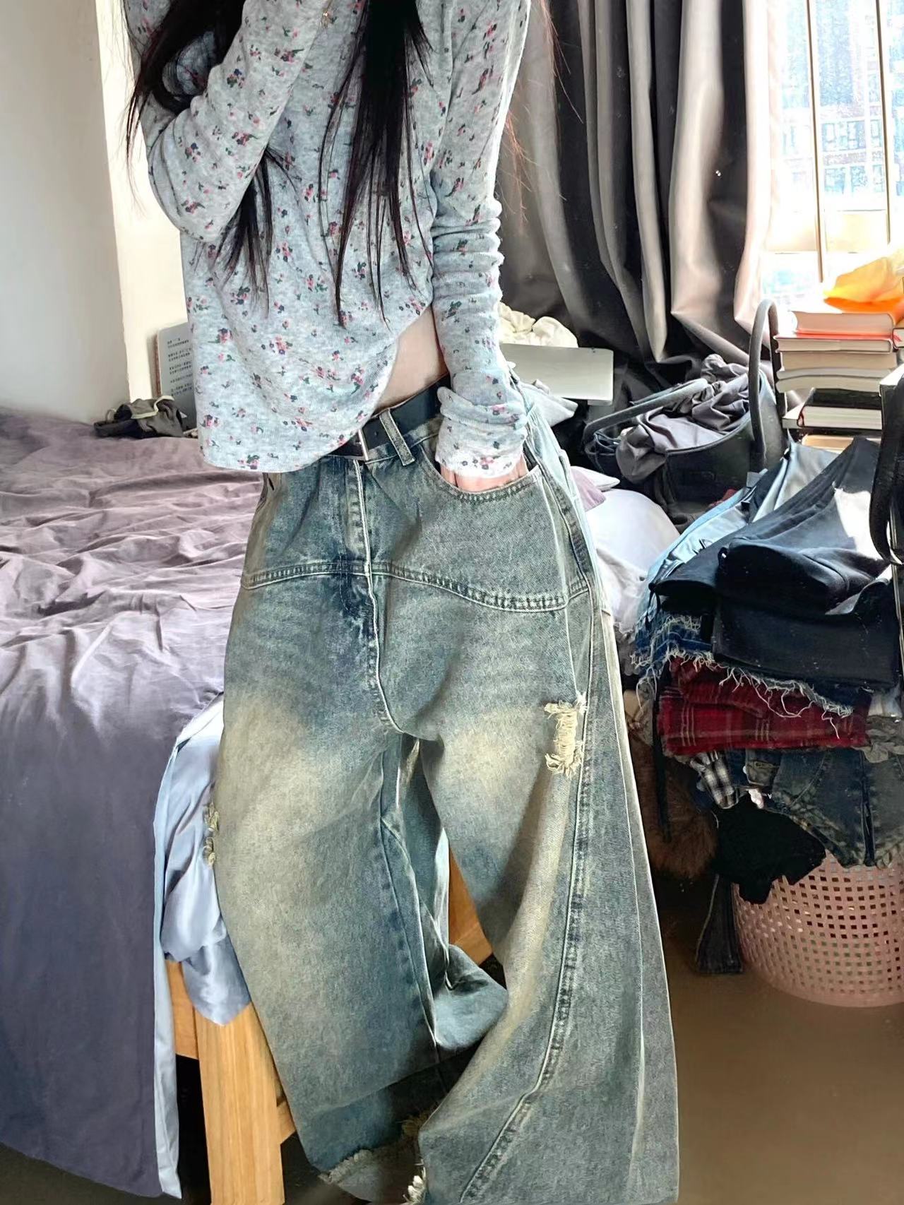 美式水洗做旧毛边牛仔裤女春秋高街直筒宽松显瘦阔腿垂感拖地裤潮 - 图1