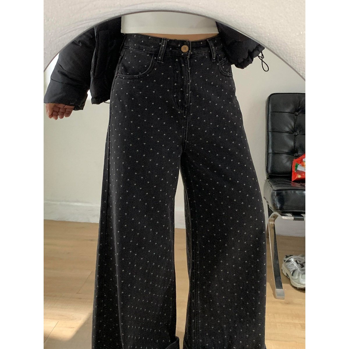 黑色复古爱心阔腿牛仔裤女秋冬季新款宽松高腰显瘦百搭休闲长裤子,淘宝优惠券,粉丝福利购,淘宝优惠卷