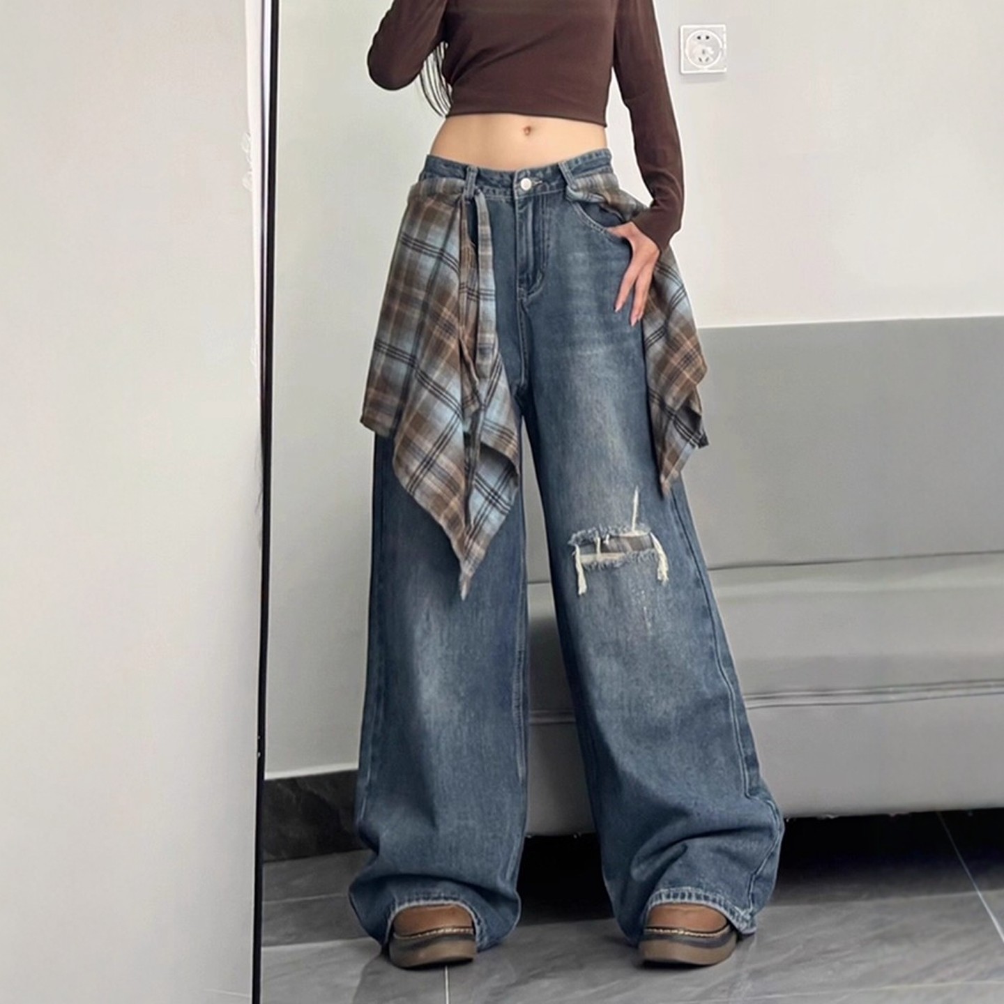 美式复古格子屁帘破洞牛仔裤女秋季2025新款设计感高腰宽松阔腿裤,淘宝优惠券,粉丝福利购,淘宝优惠卷