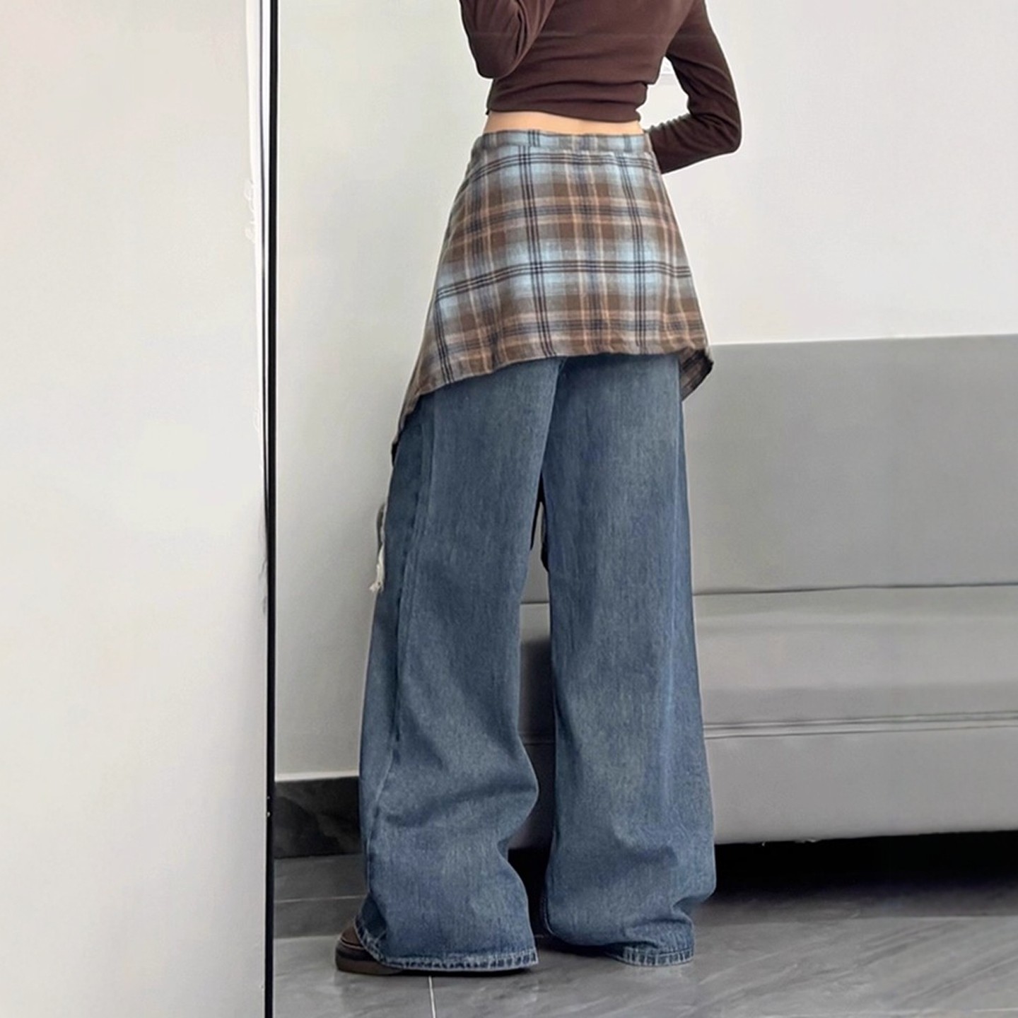 美式复古格子屁帘破洞牛仔裤女秋季2025新款设计感高腰宽松阔腿裤,淘宝优惠券,粉丝福利购,淘宝优惠卷