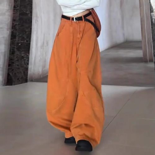 橙色弯刀休闲牛仔裤女秋季2025新款高腰显瘦宽松阔腿拖地长裤子潮 - 图0