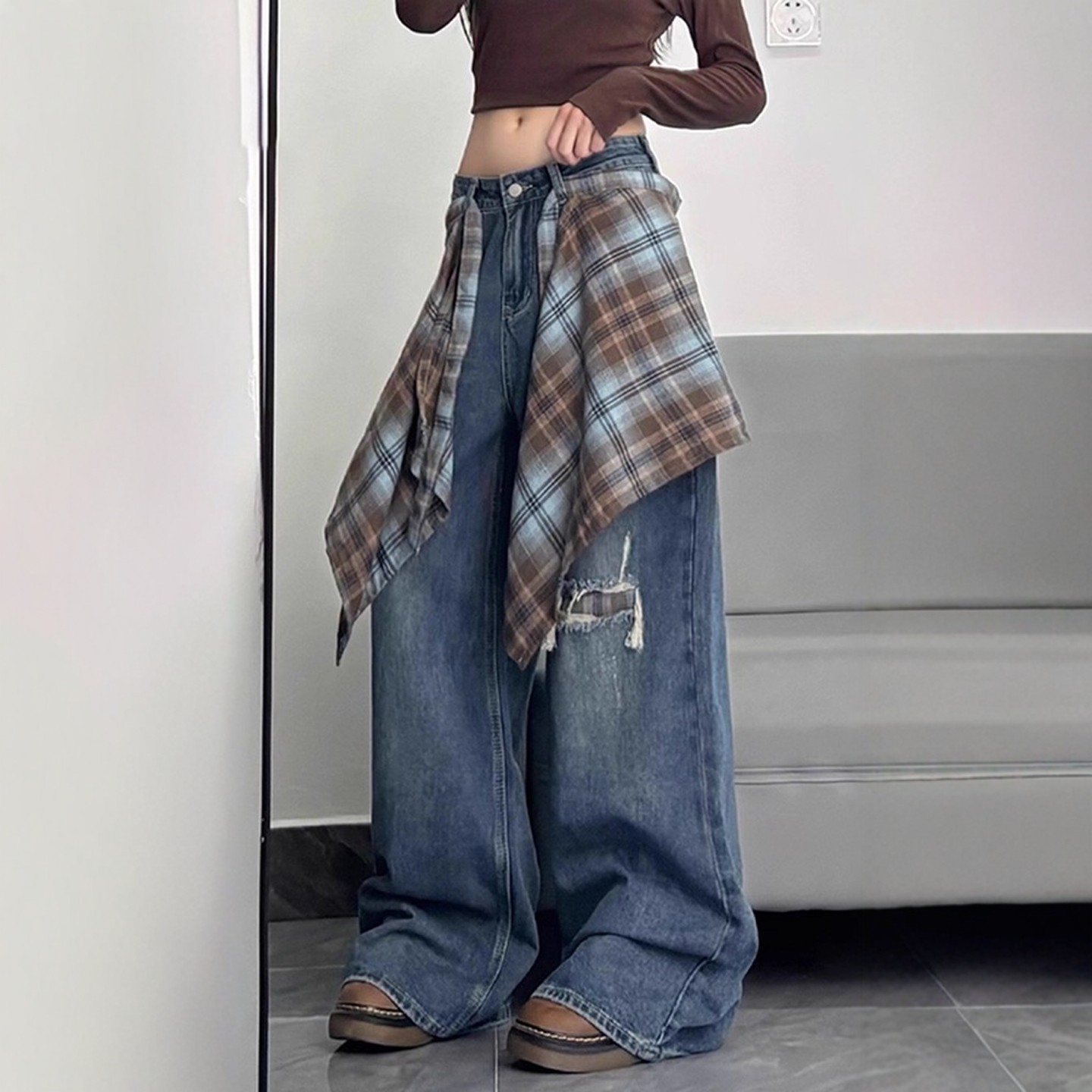 美式复古格子屁帘破洞牛仔裤女秋季2025新款设计感高腰宽松阔腿裤,淘宝优惠券,粉丝福利购,淘宝优惠卷