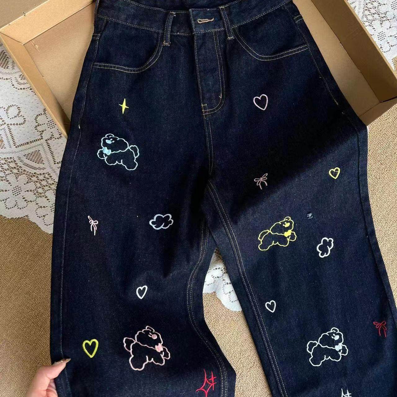 2025秋季新款阔腿牛仔裤女小狗刺绣设计感高腰显瘦小众直筒长裤子,淘宝优惠券,粉丝福利购,淘宝优惠卷