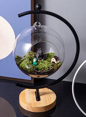 实木底座G形铁艺支架月亮弧形半月架微景观玻璃球吊瓶桌面装饰架