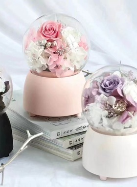 永生花旋转八音盒蓝牙音箱DIY手工花房玻璃罩器皿进口机芯材料