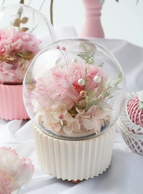 创意蛋糕纸杯造型永生花玻璃球旋转八音盒玫瑰音乐盒摆件展示罩