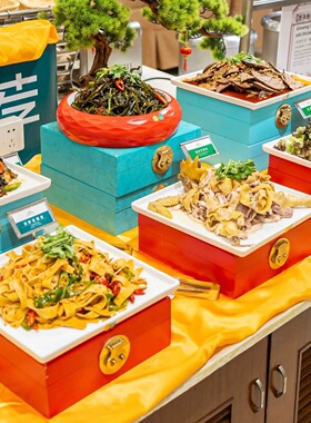 特色新中式明档展示餐具自助餐厅酒店木盒子摆台饭店摆盘菜品底座