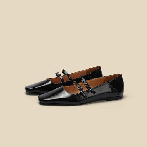 【Evsonen】小众设计平底方头玛丽珍鞋复古扣单鞋女鞋子可踩软跟 - 图0