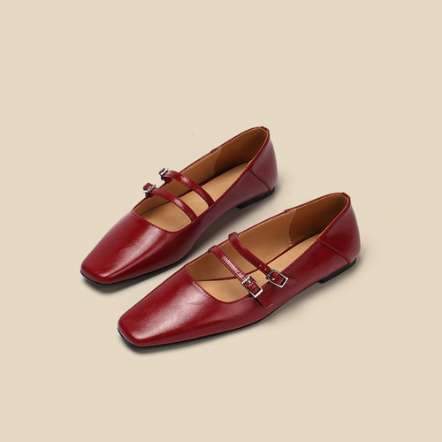 【Evsonen】小众设计平底方头玛丽珍鞋复古扣单鞋女鞋子可踩软跟 - 图1